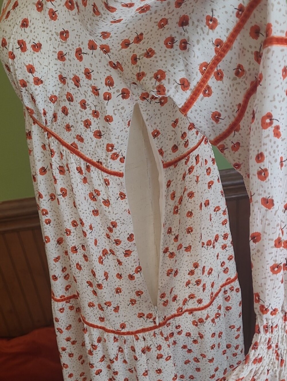 Nasty Gal Cream And Orange Floral Print Maxi Boho Dress With Velvet Piping NWT - Picture 8 of 10